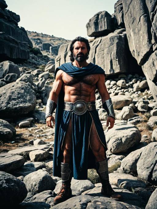 Man in Hephaestus Costume in Rocky Landscape