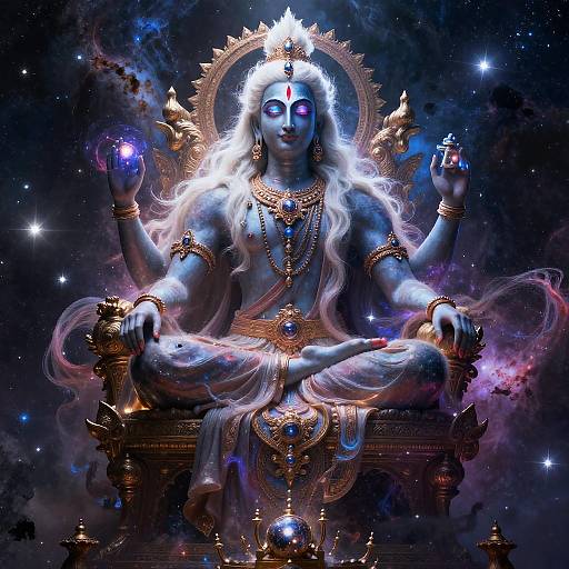Digital artwork of a blue-skinned, multi-armed deity with white hair, wearing gold jewelry, sitting cross-legged on an ornate throne in a