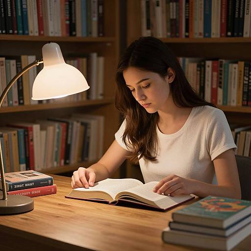 Photograph of a young woman with long dark hair, wearing a white t-shirt, reading a book under a lamp in a library. Bookshelves