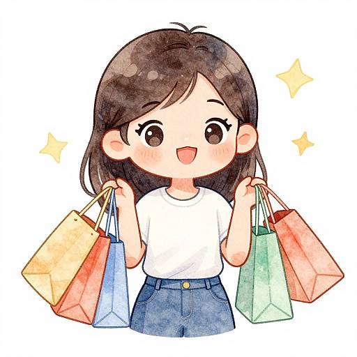 Chibi-style digital drawing of a happy, brown-eyed girl with dark brown hair, wearing a white shirt and blue jeans, holding colorful shopping bags.