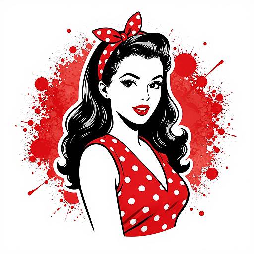 Vintage-style digital illustration of a smiling woman with black wavy hair, red polka dot bow, and red polka dot blouse, set against a