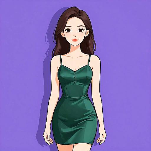 Digital anime-style drawing of a fair-skinned woman with long brown hair, wearing a green, form-fitting, spaghetti-strap dress, standing against