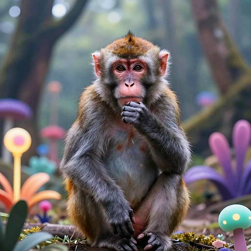Photorealistic digital artwork of a curious, contemplative monkey with gray and brown fur, sitting in a colorful, enchanted forest with glowing mushrooms and vibrant