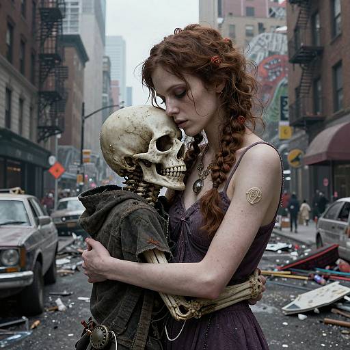 Photograph-style digital artwork: Pale red-haired woman in purple dress embraces skeletal figure in dark hooded cloak on rainy, post-apocalyptic city street.