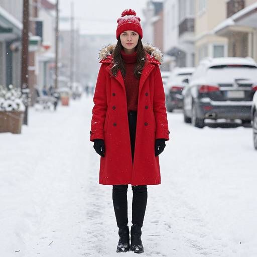Photograph of a young woman in a bright red coat, black gloves, and boots, standing in a snowy urban street. She wears a red knit