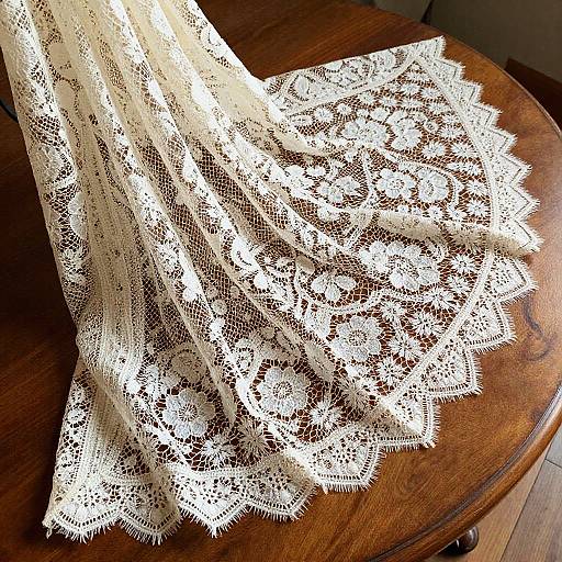 Photograph of a delicate, cream-colored lace fabric with intricate floral patterns, draping over a round wooden table. Sunlight highlights lace details.