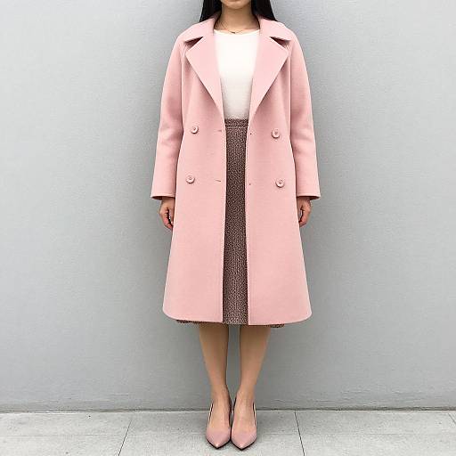 Photograph of a woman in a pale pink double-breasted coat, white top, brown patterned skirt, and pink pointed shoes, standing against a