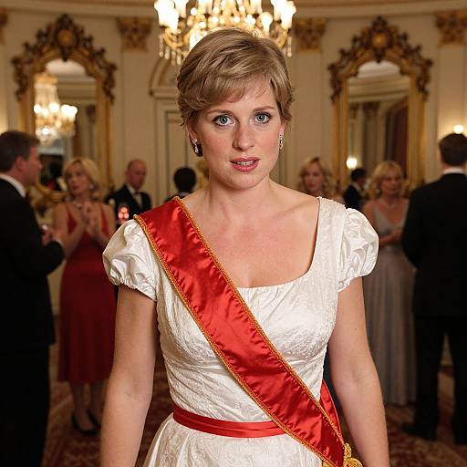 Photograph of a blonde woman in a white dress with red sash, standing in an elegant, ornately decorated ballroom with chandeliers and