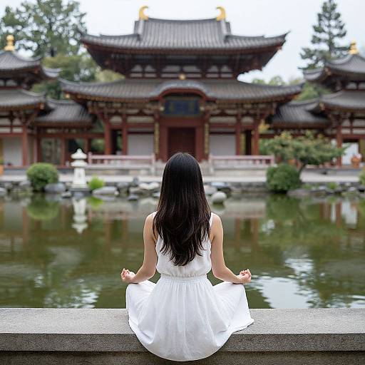 Photograph of a woman with long black hair, wearing a white sleeveless dress, sitting with hands in meditation pose, facing a traditional Chinese temple with