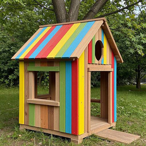 Photograph of a colorful wooden playhouse with rainbow-striped roof and walls, set in a grassy, tree-filled backyard.