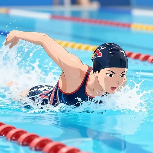 Digital illustration of an Asian male swimmer in a black cap and competition swimsuit, energetically swimming in a blue pool, water splashing around