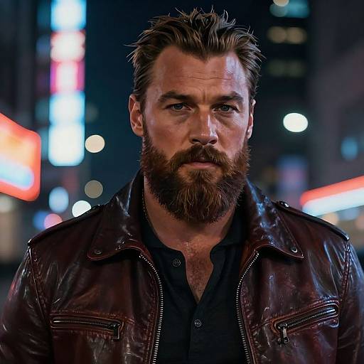 Photograph of a bearded, rugged man with spiked brown hair, wearing a black leather jacket, standing in a neon-lit city night scene,