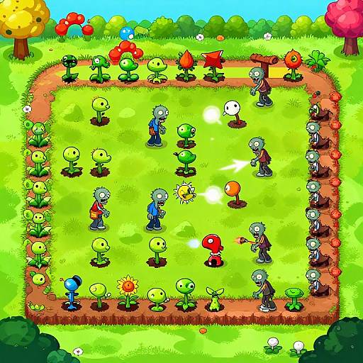 Colorful, pixelated digital drawing of a vibrant garden maze with various whimsical, plant-like characters and small human figures playing inside.