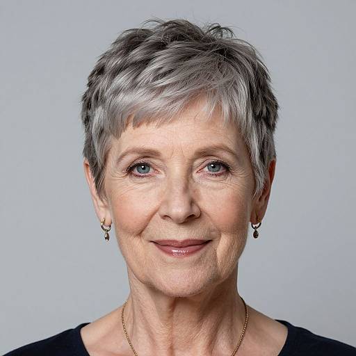 Photograph of an older woman with short gray hair, blue eyes, light skin, black earrings, gold necklace, and subtle smile against a light gray