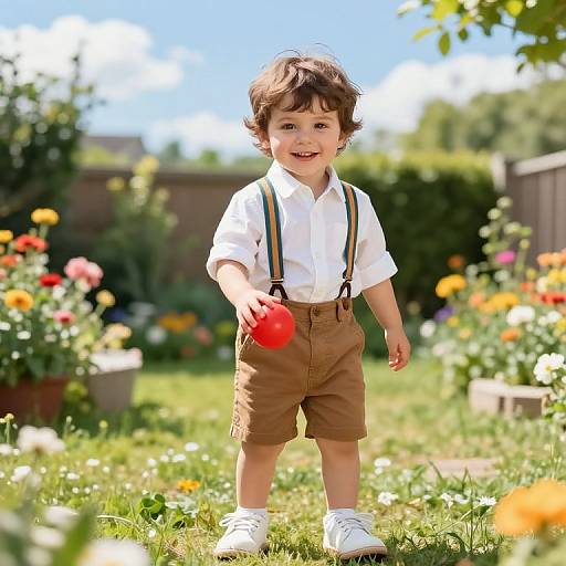 Photograph of a smiling, curly-haired toddler in white shirt, brown shorts, and suspenders, holding a red ball, standing in a colorful,