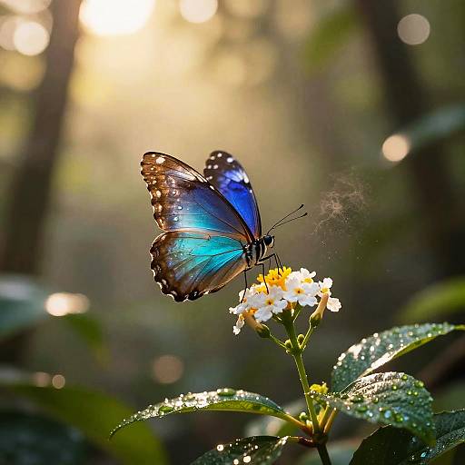 Photograph of a vibrant blue butterfly with brown edges, delicately perched on small white flowers with yellow centers, surrounded by dewy green leaves in
