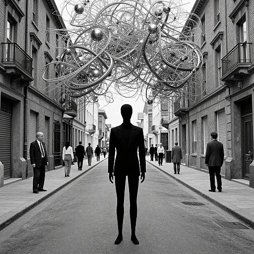 Black-and-white photograph of a silhouetted man in a suit standing in an urban street, with abstract overhead wire sculpture, and people in the