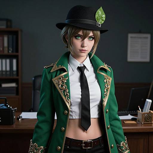 CGI image of a young woman with green eyes, short brown hair, black hat with leaf, green embroidered coat, white shirt, black tie,