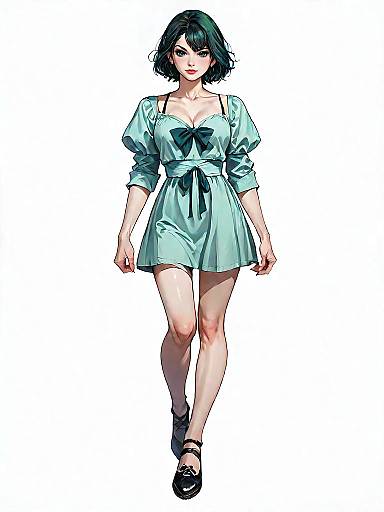 Young Woman in Sage Green Mini Dress