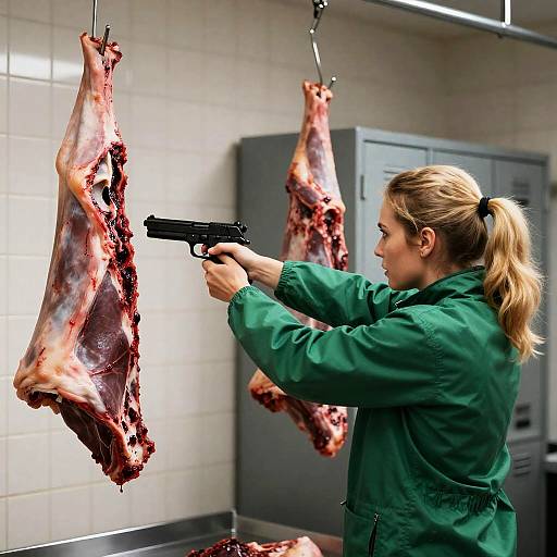 Intense Woman Aiming in Butcher Shop