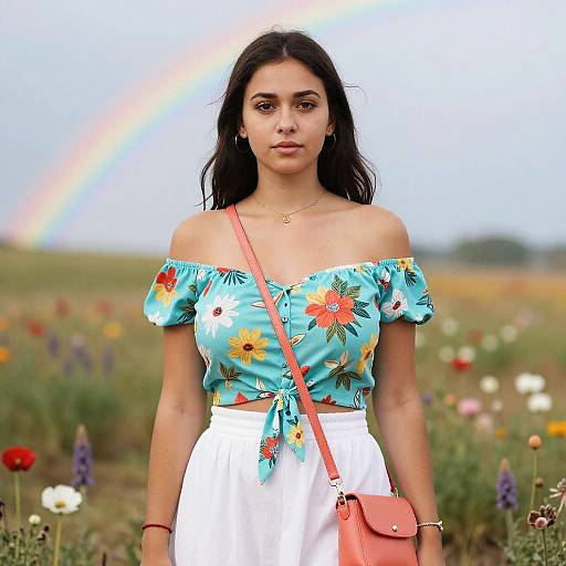 Photograph of a young woman with long dark hair, wearing a turquoise off-shoulder floral top, white skirt, and pink crossbody bag,