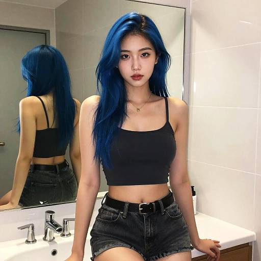 Confident Blue-Haired Woman in Mirror