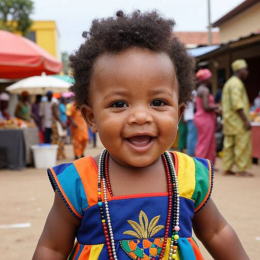 Photograph of smiling African toddler with curly hair, wearing colorful, embroidered dress, beaded necklace, in bustling outdoor market.