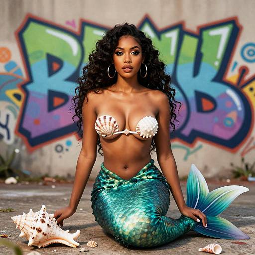 Photorealistic digital art of a dark-skinned mermaid with long curly hair, seashell bra, green scaly tail, sitting on concrete