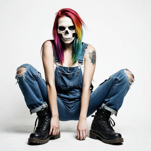 Grungy Skull Woman with Rainbow Hair Sitting