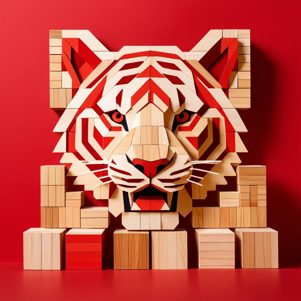 Wooden Block Tiger on Vibrant Red