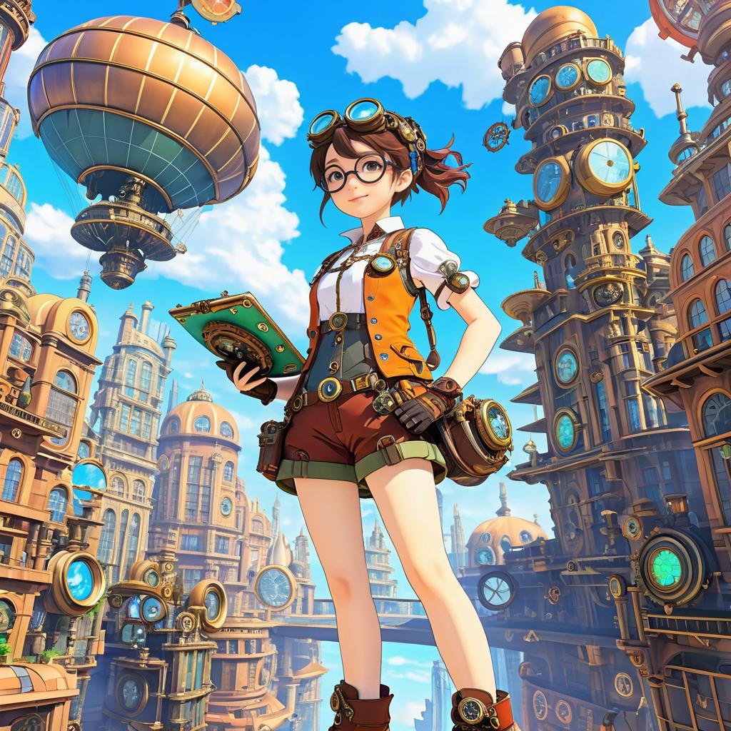 Steampunk Inventor Girl in Vibrant City