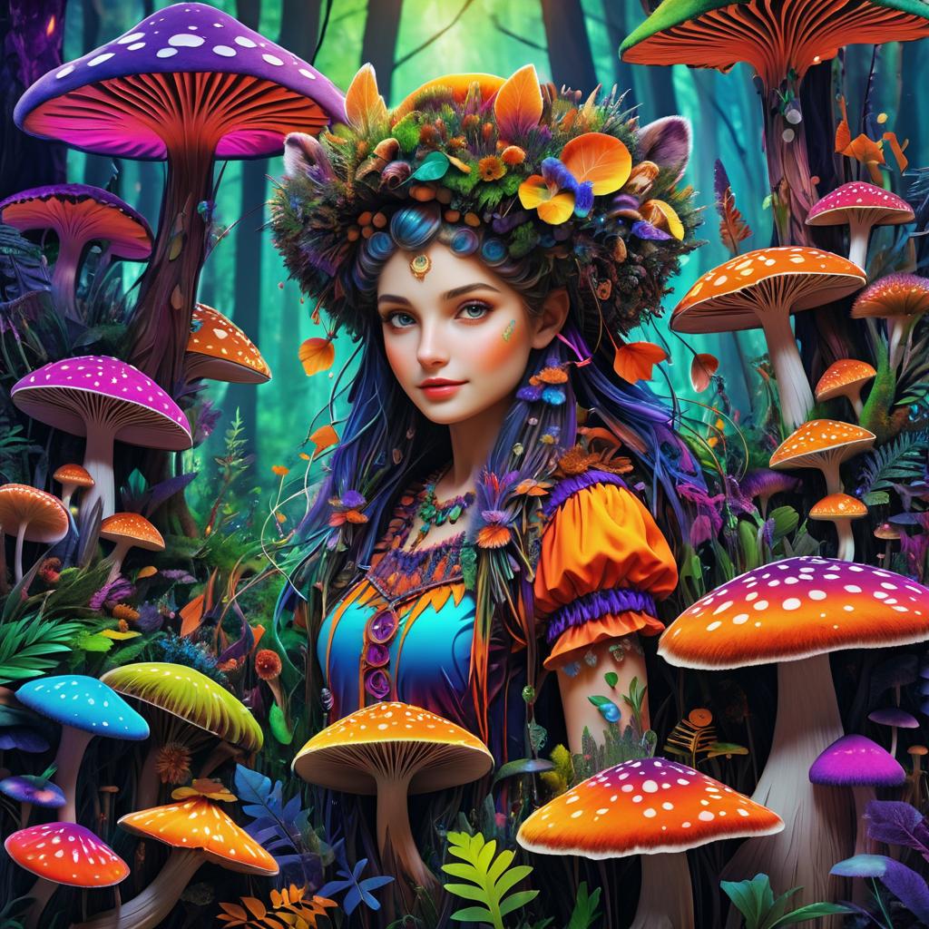 Vibrant Badger Girl in a Fungi Wonderland