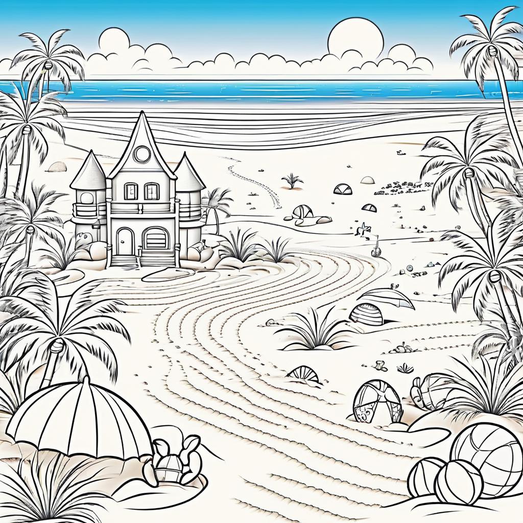 Playful Beach Scene for Kids Coloring