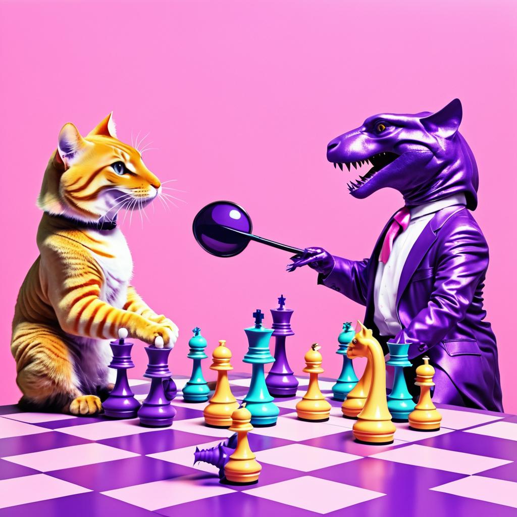 Surreal Chess Match: Cat vs Dinosaur