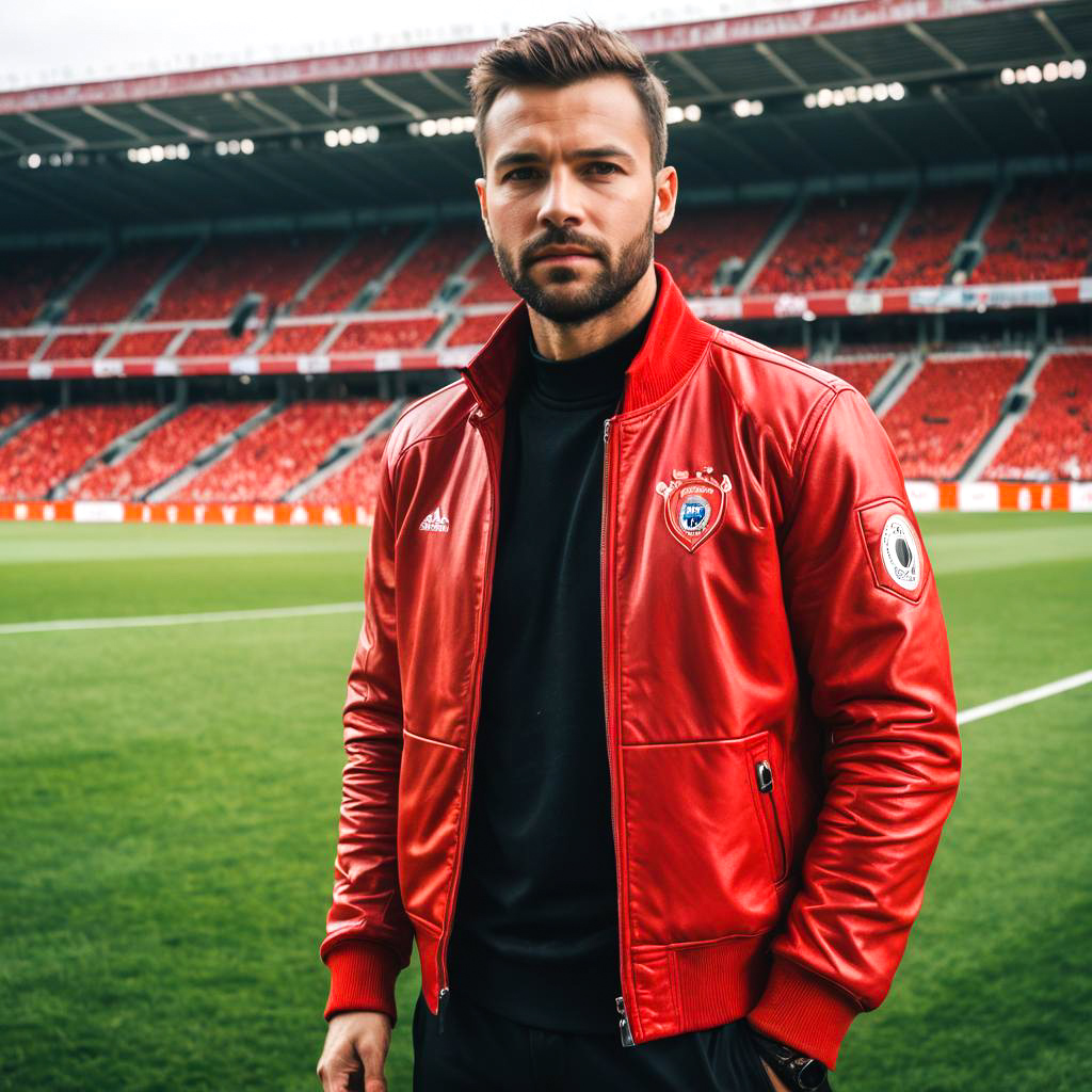 Confident Soccer Player in Red Jacket