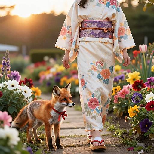 Silk Kimono Garden Stroll with Fox