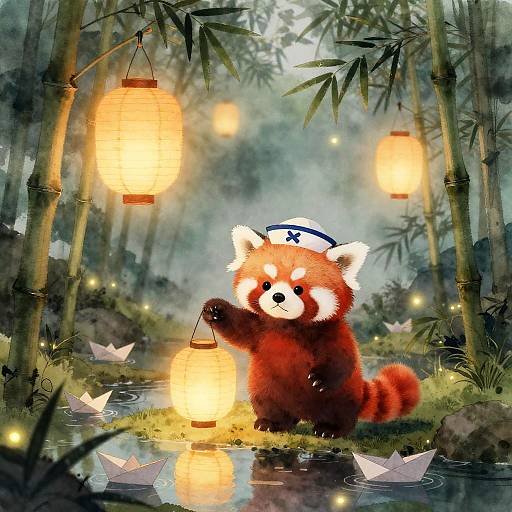 Red Panda Lantern in Misty Bamboo Grove