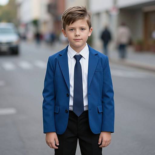 Photograph of a young boy with brown hair, wearing a blue blazer, white shirt, and black tie, standing on a blurred urban street.