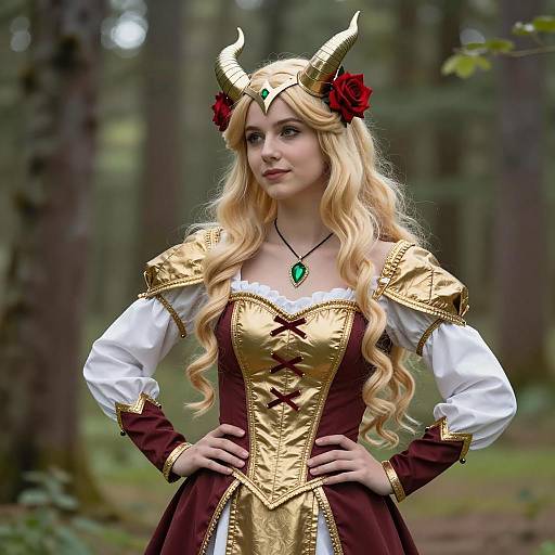 Cosplay Woman in Medieval Fantasy Dress with Horned Headpiece