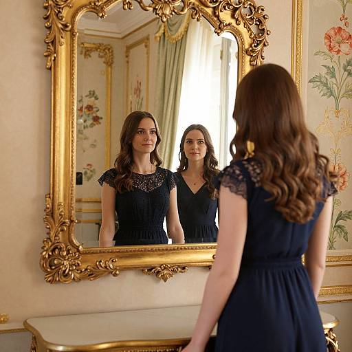 Photograph of a woman with long brown hair, wearing a black lace dress, standing in front of an ornate gold-framed mirror in an elegant