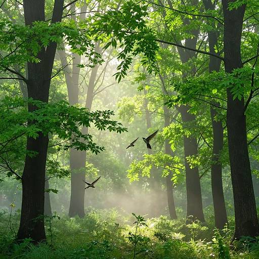Photograph of a sunlit, dense forest with tall, dark trees, vibrant green leaves, and two birds in mid-flight, surrounded by morning mist