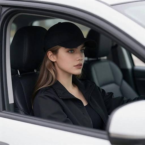 Focused Woman Driving a White Car