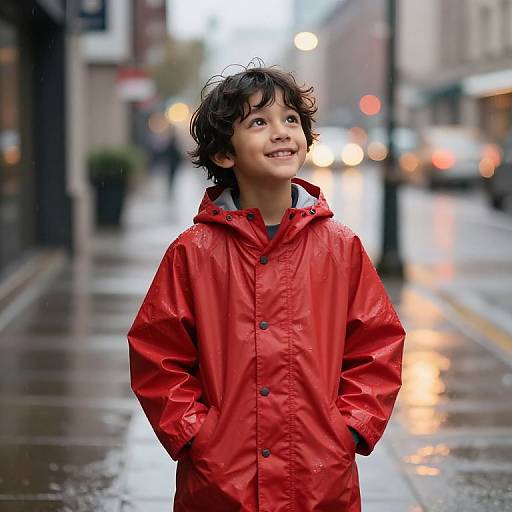 Boy in Red Raincoat at Golden Hour