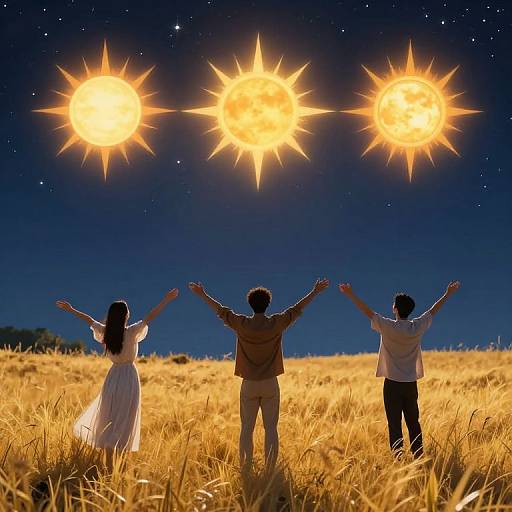 Photograph of three silhouetted people, two men and one woman, standing in a golden wheat field at night, holding hands, looking up