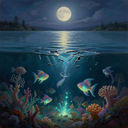 Digital artwork of a moonlit lake at night, with colorful fish swimming underwater among vibrant coral reefs, and a school of black fish above the water's