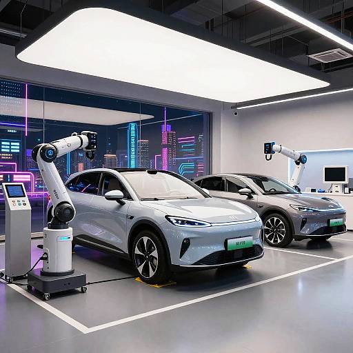 Futuristic AI Garage with Humanoid Robots