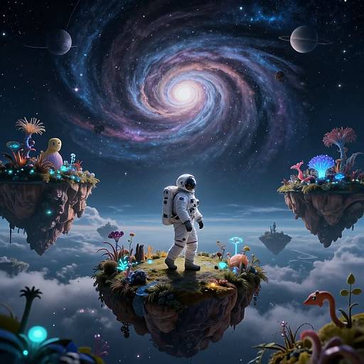 Digital artwork: Space astronaut in white suit stands on floating island, surrounded by glowing plants, under swirling galaxy with planets.