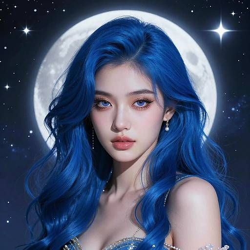 Digital artwork of a beautiful young woman with vibrant blue hair, fair skin, and striking blue eyes, against a glowing full moon in a starry night