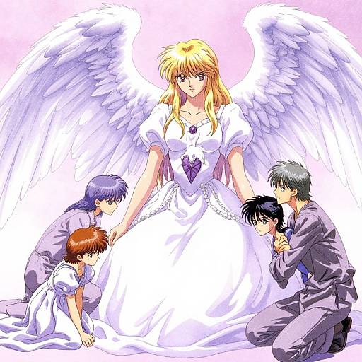 Angel Figure with Devoted Followers in Pastel Tones