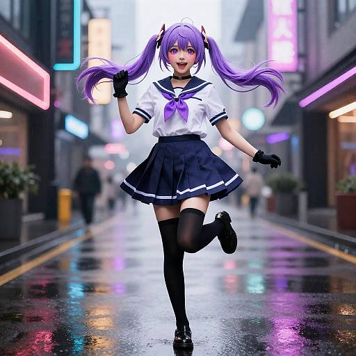 Neon Rain: Purple Twin-Tails Schoolgirl